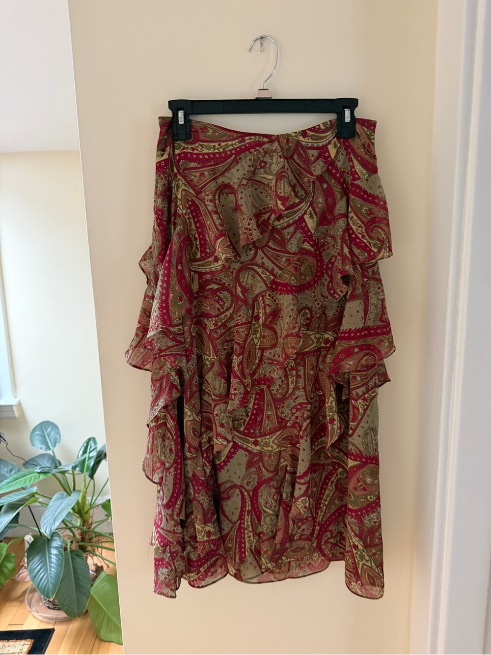 Ralph Lauren Burgundy & Olive Paisley Ruffle Midi Skirt - Picture 2 of 4